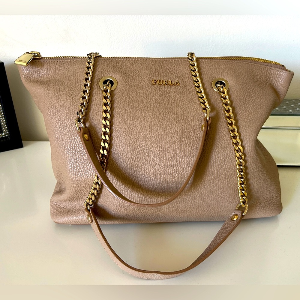 Furla Beige Leather Chain Shoulder Bag